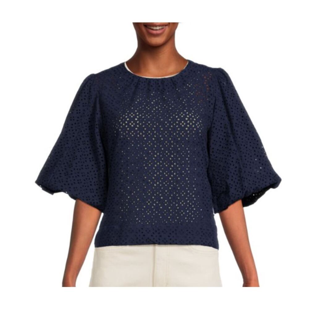 Joe's Jeans Navy Eyelet Flared Sleeve Cotton Blouse XL‎ Cottagecore Chic